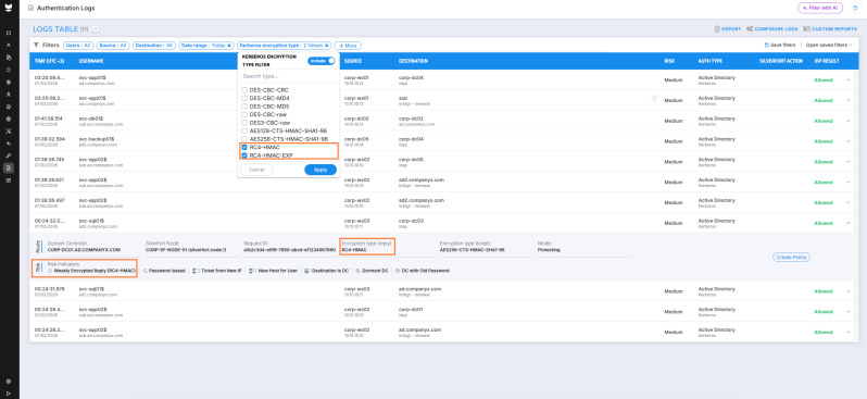 Filter by Kerberos authentication type Filter by Kerberos authentication type